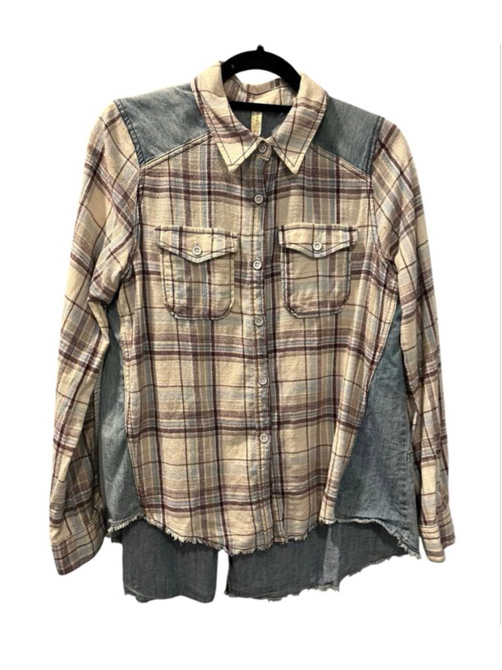 Free People Road Trip Getaway Plaid Flannel Denim Button Up Shirt Size Medium